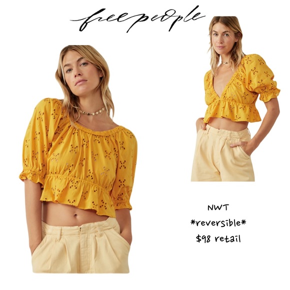 🆕 Free People *Reversible* Gardenia Eyelet Peplum Top Golden Girl Sz Lg